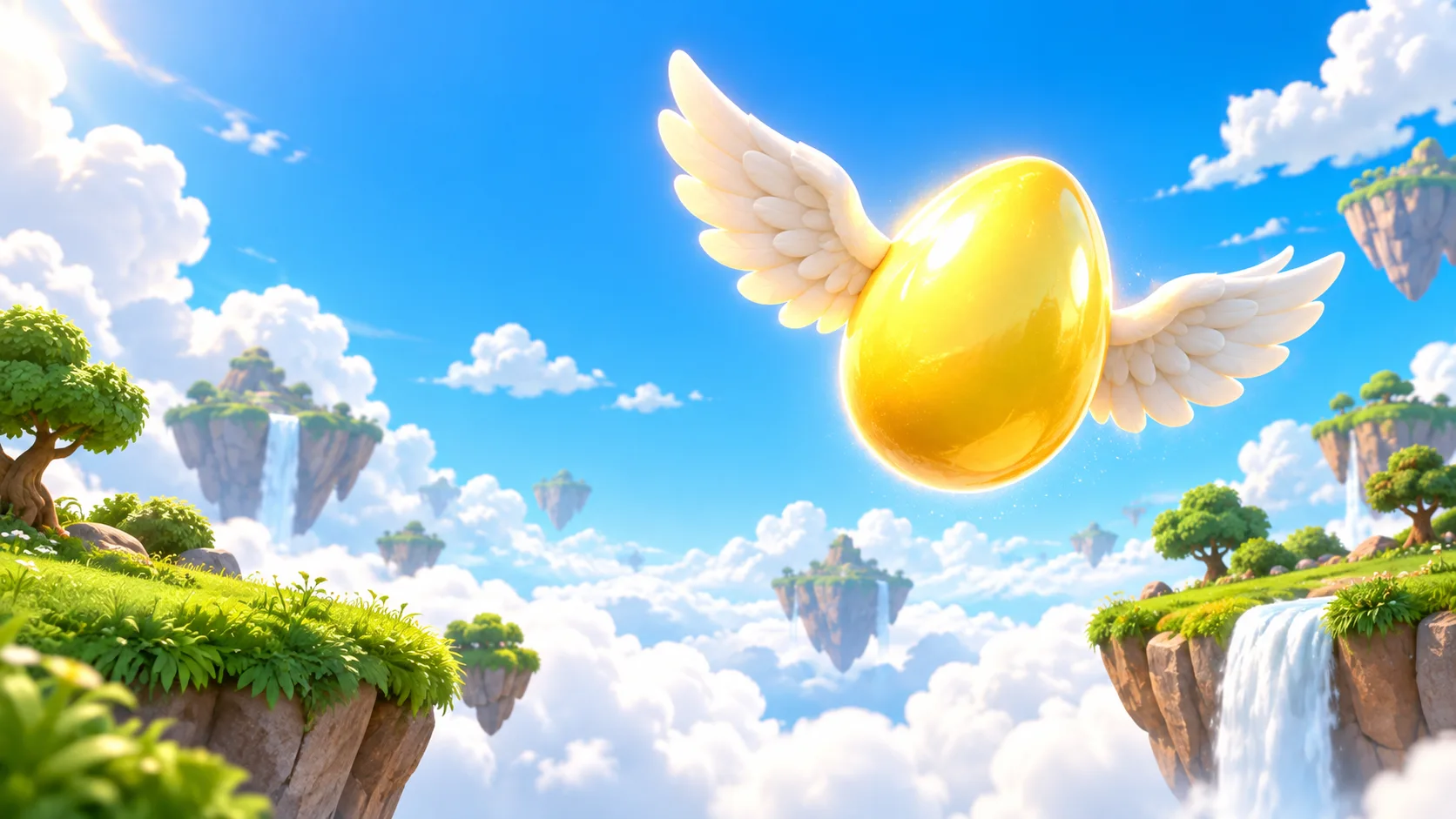Original illustration of a golden winged egg above floating green islands